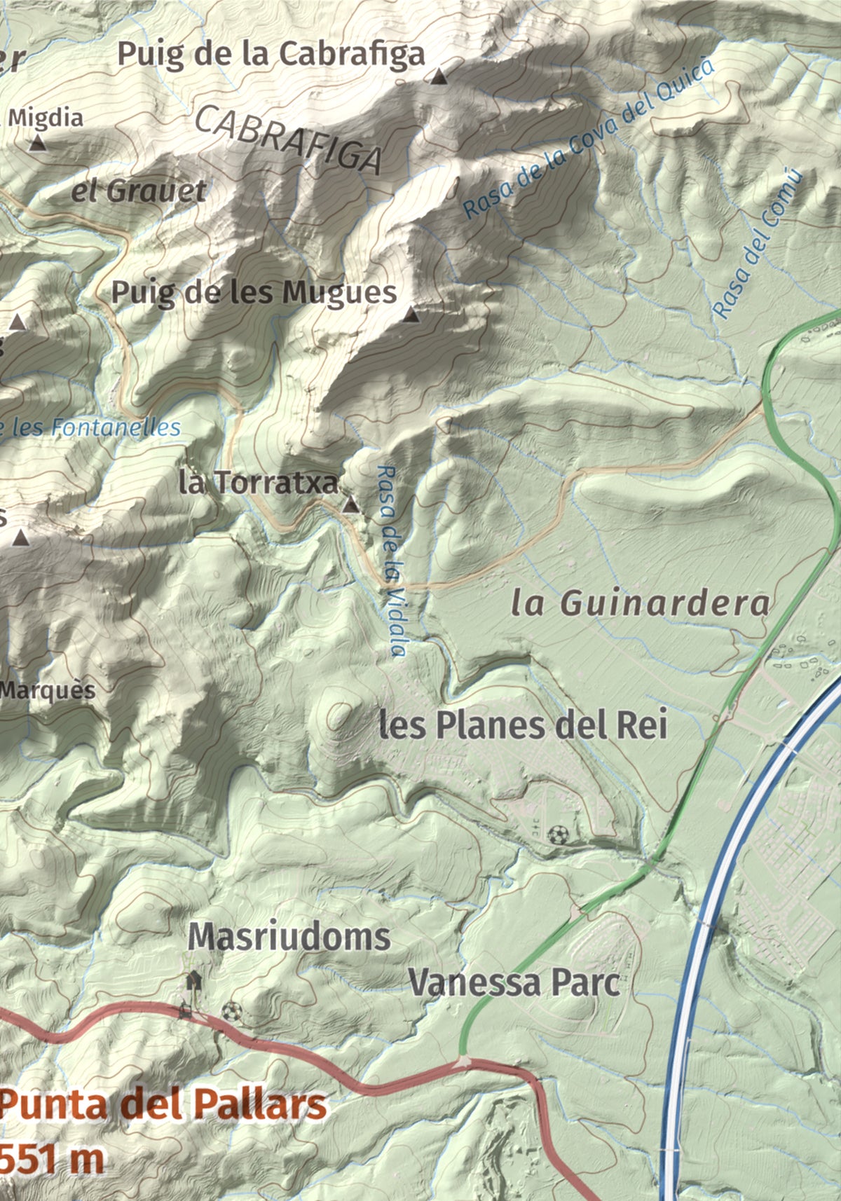 Mapa topográfico del relieve: Punta del Pallars, 551 m. Detalle de la zona superior derecha. 21 × 30 cm.