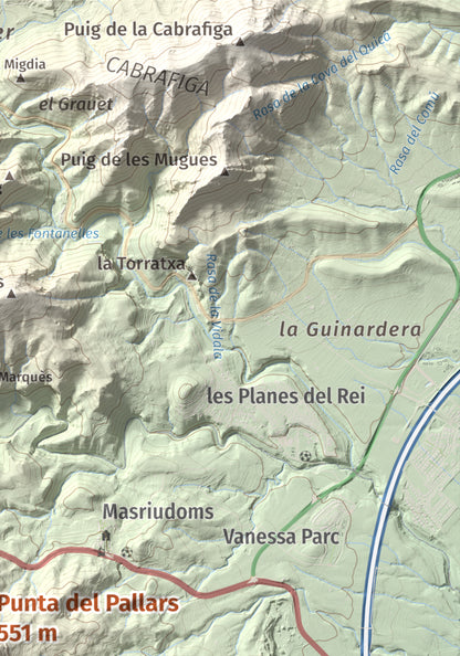 Mapa topográfico del relieve: Punta del Pallars, 551 m. Detalle de la zona superior derecha. 21 × 30 cm.