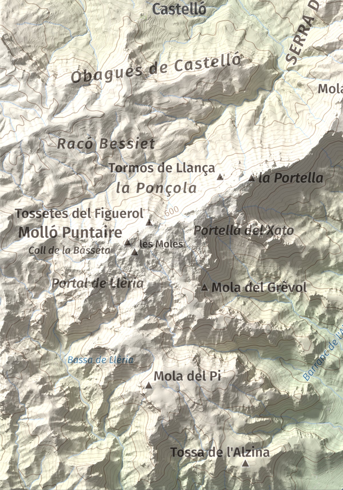 Mapa topográfico del relieve: Punta del Pallars, 551 m. Detalle de la zona inferior izquierda. 21 × 30 cm.
