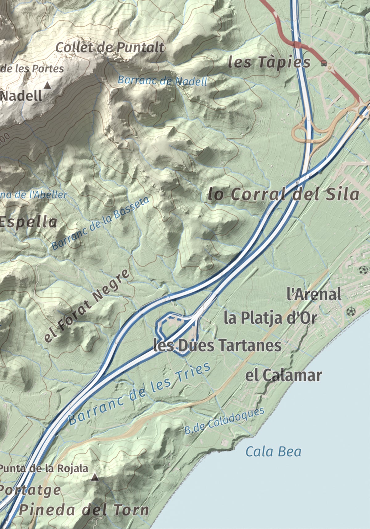Mapa topográfico del relieve: Punta del Pallars, 551 m. Detalle de la zona inferior derecha. 21 × 30 cm.