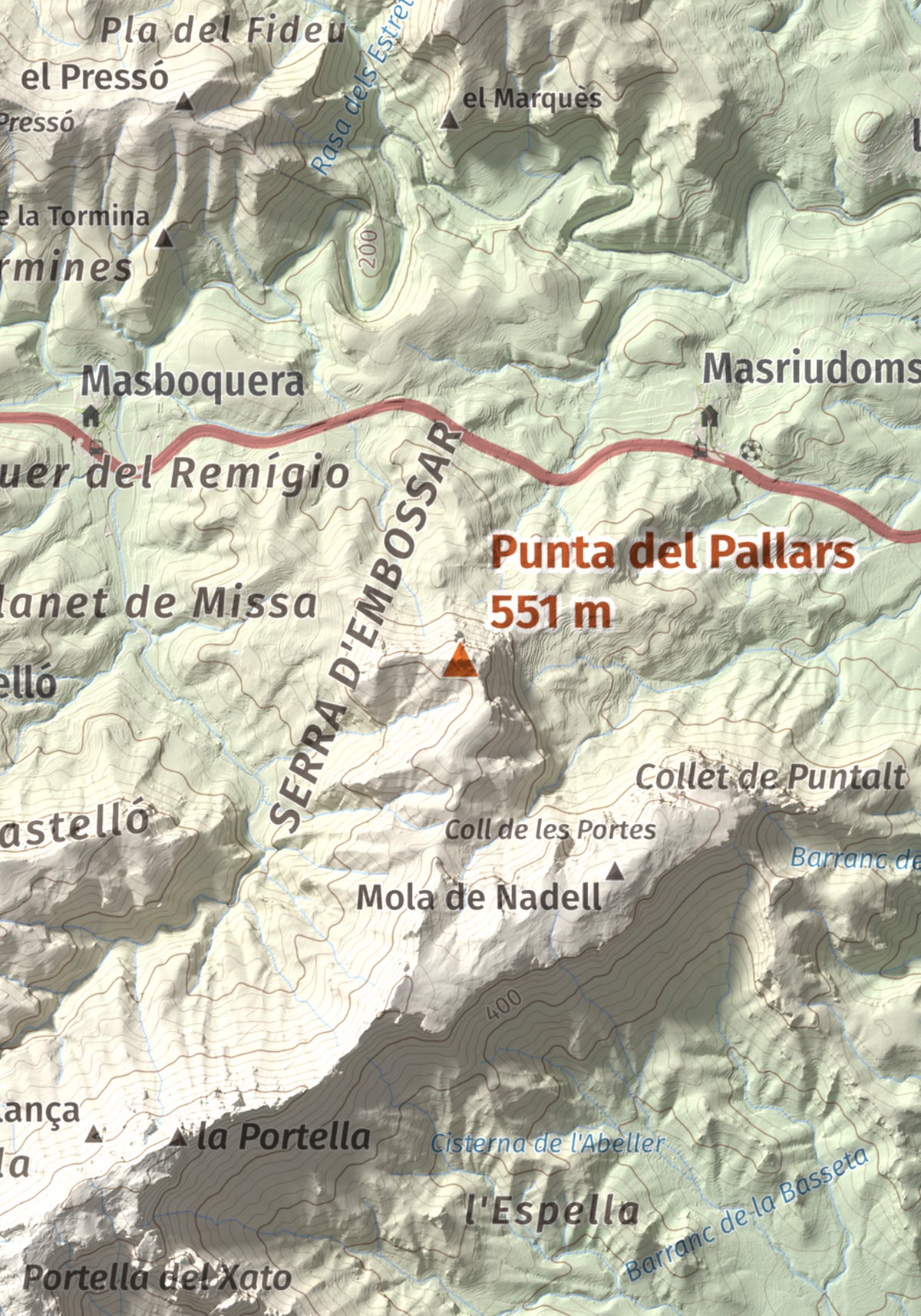 Mapa topográfico del relieve: Punta del Pallars, 551 m. Detalle de la zona central. 21 × 30 cm.
