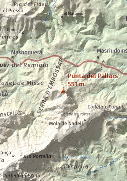 Mapa topográfico del relieve: Punta del Pallars, 551 m. Detalle de la zona central. 21 × 30 cm.