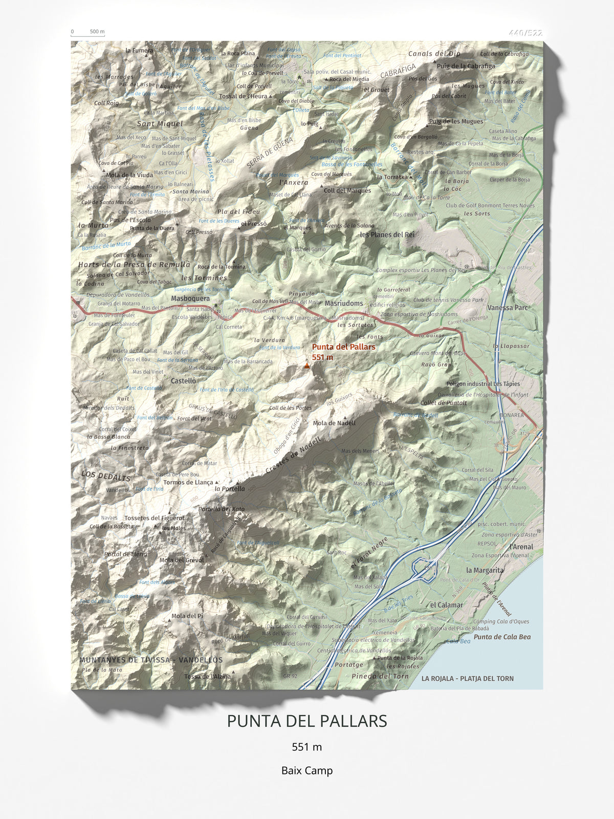 Mapa topográfico del relieve: Punta del Pallars, 551 m. Lámina completa. 30 × 40 cm.