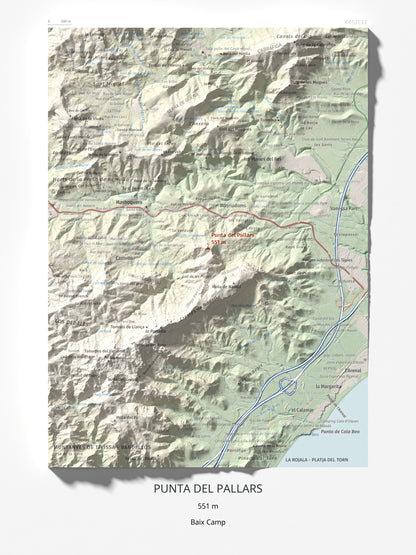 Mapa topográfico del relieve: Punta del Pallars, 551 m. Lámina completa. 30 × 40 cm.