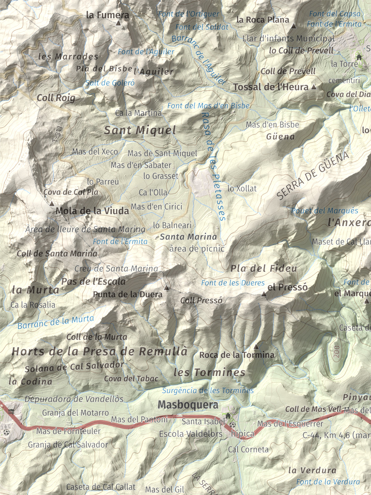 Mapa topográfico del relieve: Punta del Pallars, 551 m. Detalle de la zona superior izquierda. 30 × 40 cm.