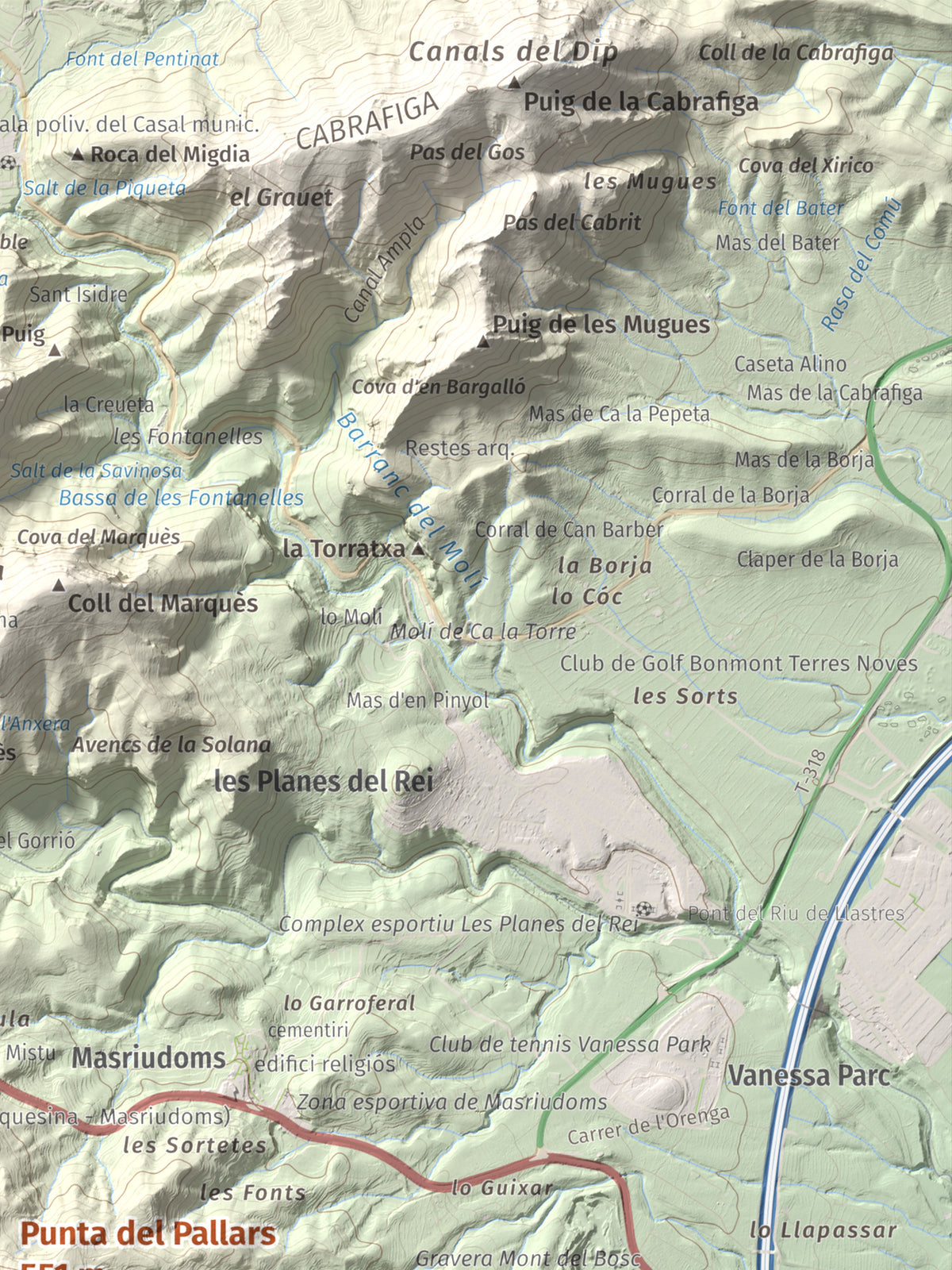 Mapa topográfico del relieve: Punta del Pallars, 551 m. Detalle de la zona superior derecha. 30 × 40 cm.