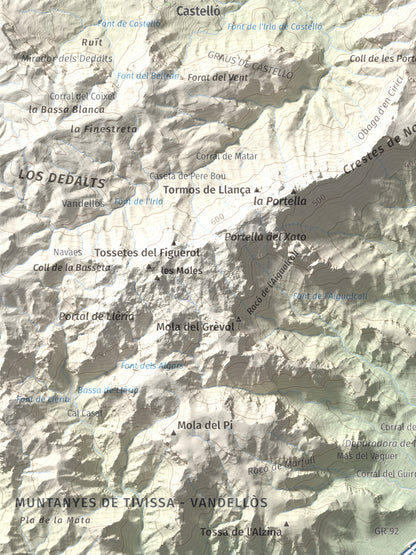 Mapa topográfico del relieve: Punta del Pallars, 551 m. Detalle de la zona inferior izquierda. 30 × 40 cm.