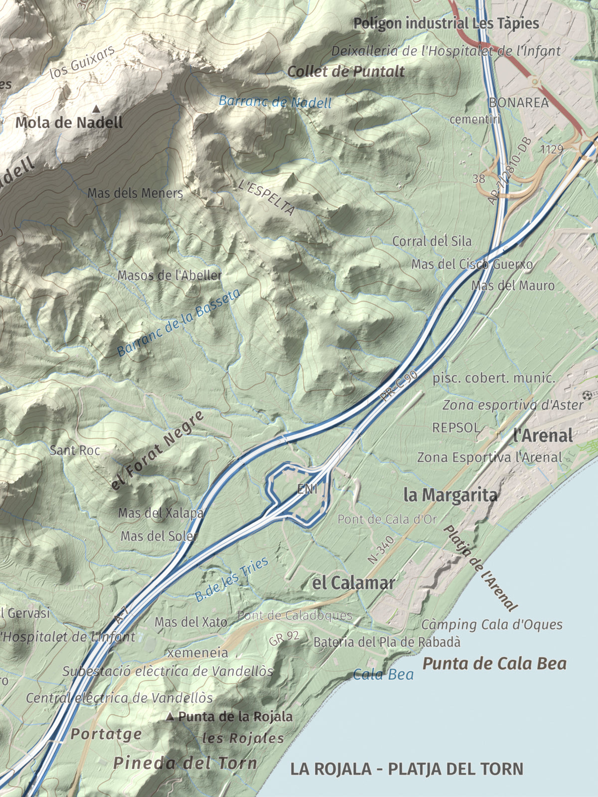 Mapa topográfico del relieve: Punta del Pallars, 551 m. Detalle de la zona inferior derecha. 30 × 40 cm.