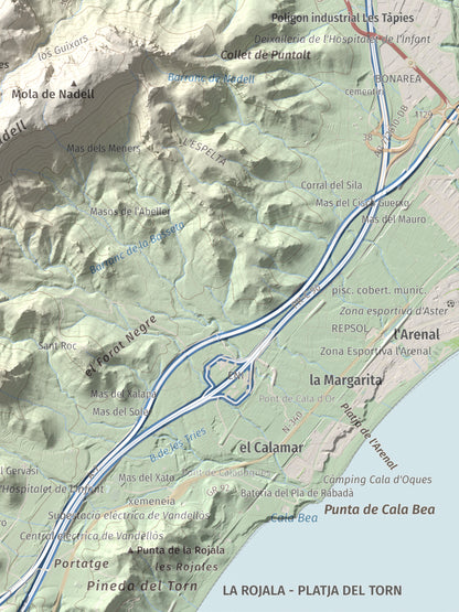 Mapa topográfico del relieve: Punta del Pallars, 551 m. Detalle de la zona inferior derecha. 30 × 40 cm.