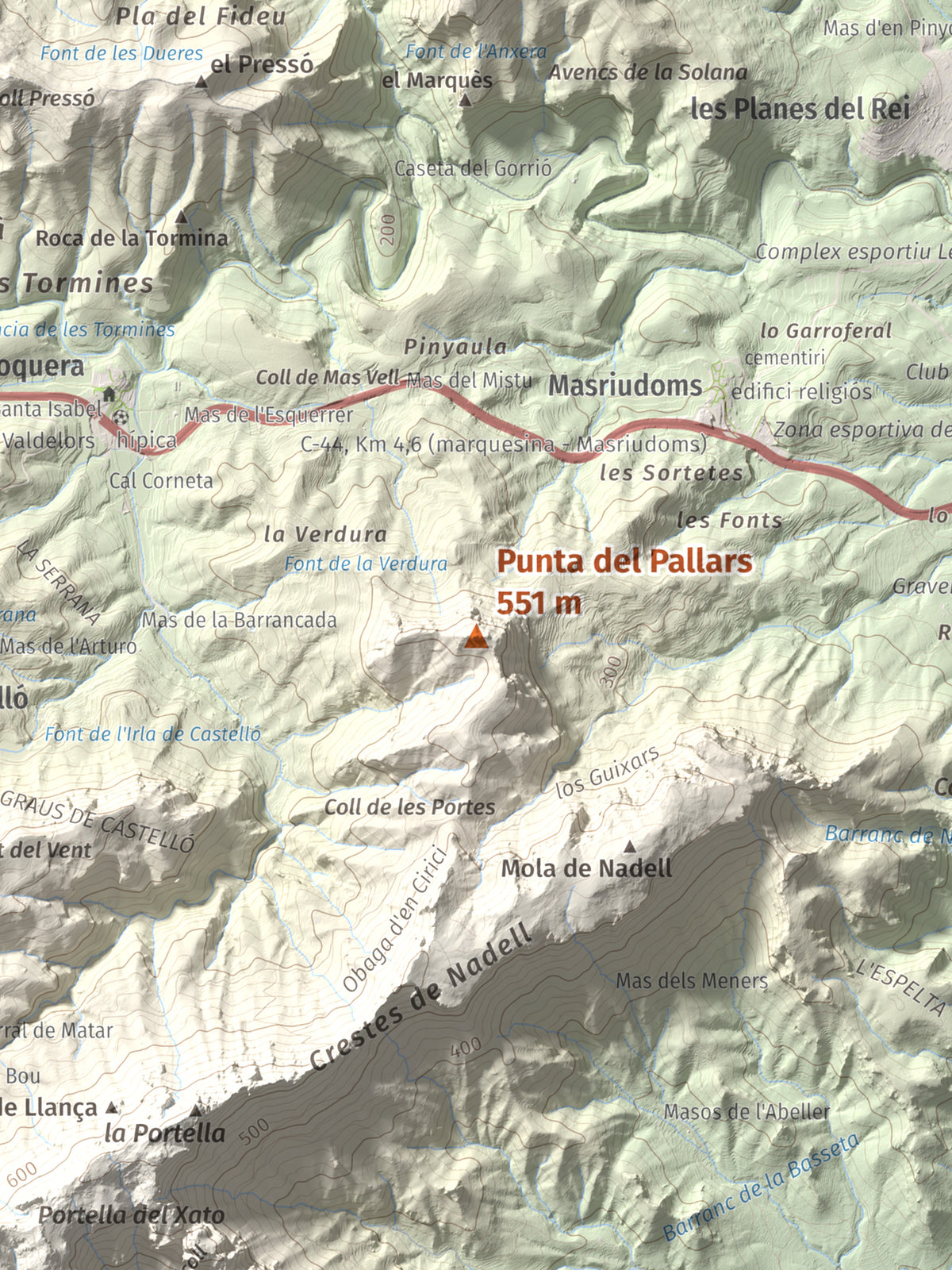Mapa topográfico del relieve: Punta del Pallars, 551 m. Detalle de la zona central. 30 × 40 cm.