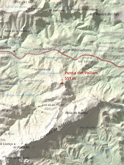 Mapa topográfico del relieve: Punta del Pallars, 551 m. Detalle de la zona central. 30 × 40 cm.