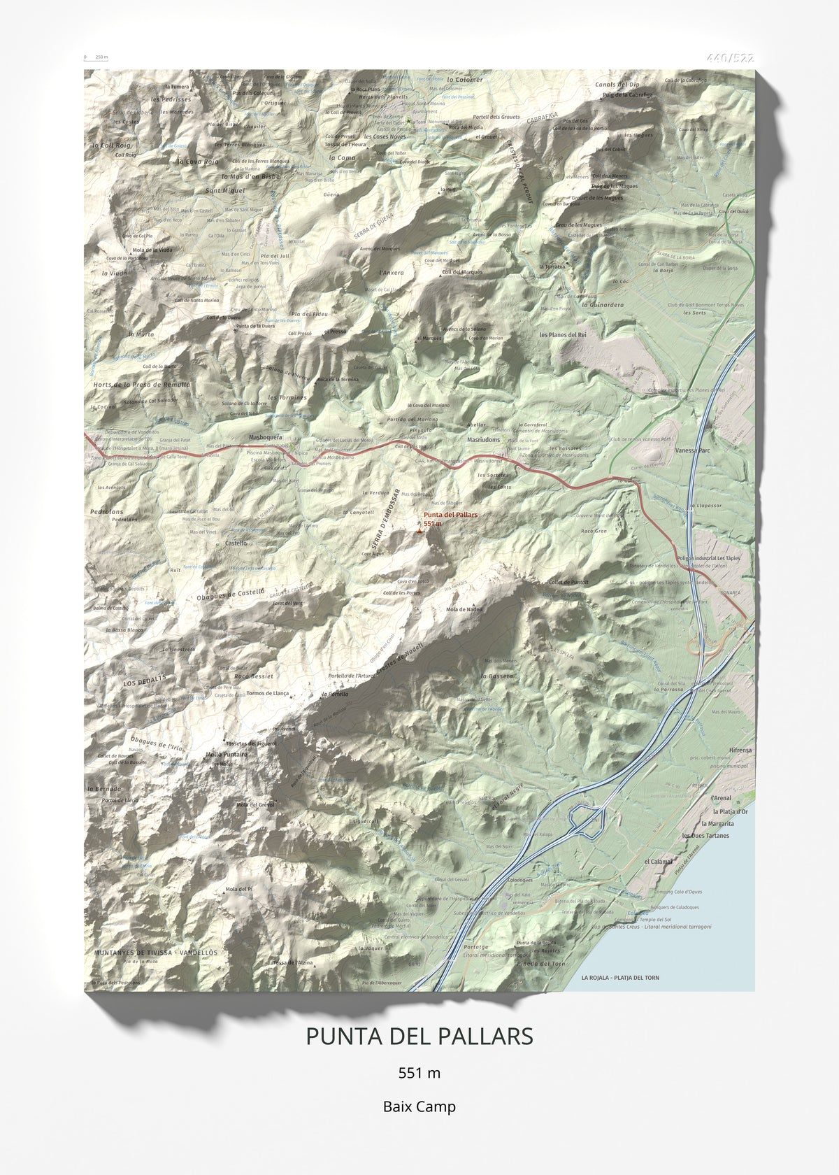 Mapa topográfico del relieve: Punta del Pallars, 551 m. Lámina completa. 50 × 70 cm.