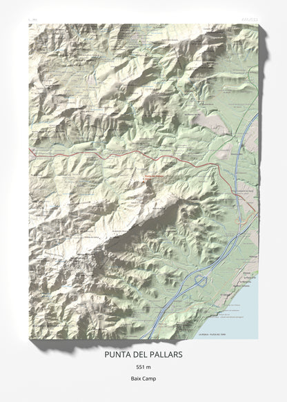 Mapa topográfico del relieve: Punta del Pallars, 551 m. Lámina completa. 50 × 70 cm.