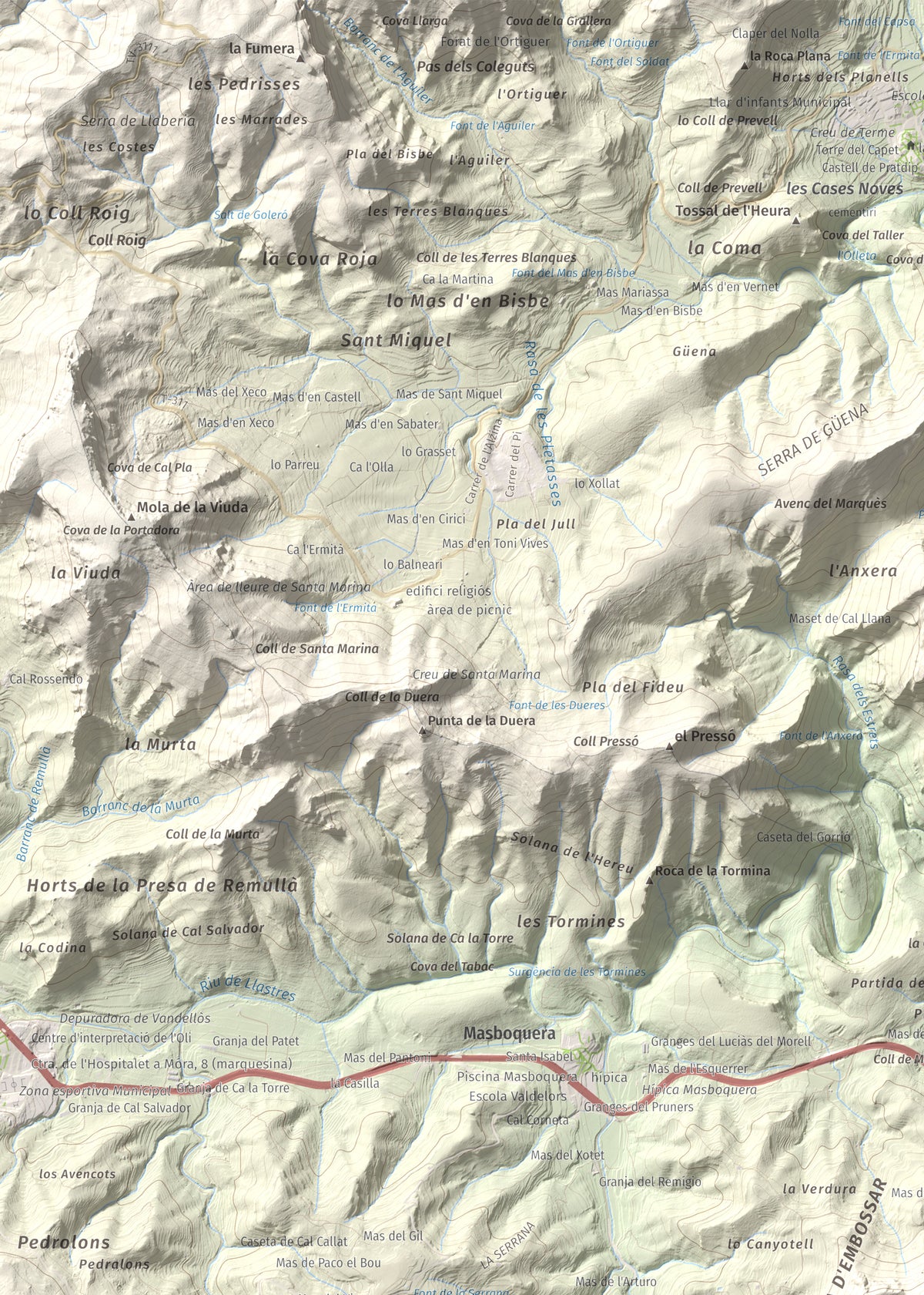 Mapa topográfico del relieve: Punta del Pallars, 551 m. Detalle de la zona superior izquierda. 50 × 70 cm.