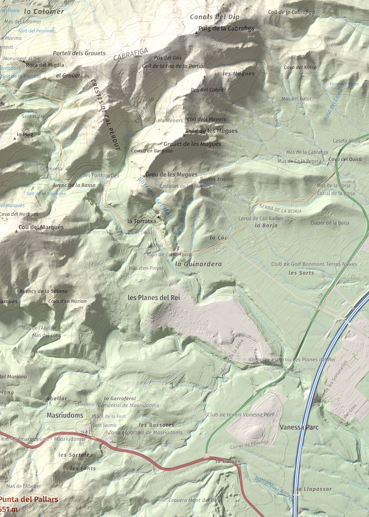 Mapa topográfico del relieve: Punta del Pallars, 551 m. Detalle de la zona superior derecha. 50 × 70 cm.