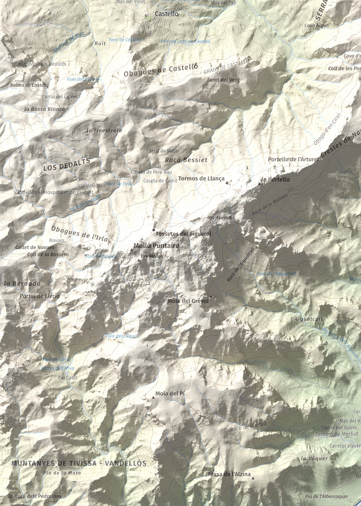 Mapa topográfico del relieve: Punta del Pallars, 551 m. Detalle de la zona inferior izquierda. 50 × 70 cm.