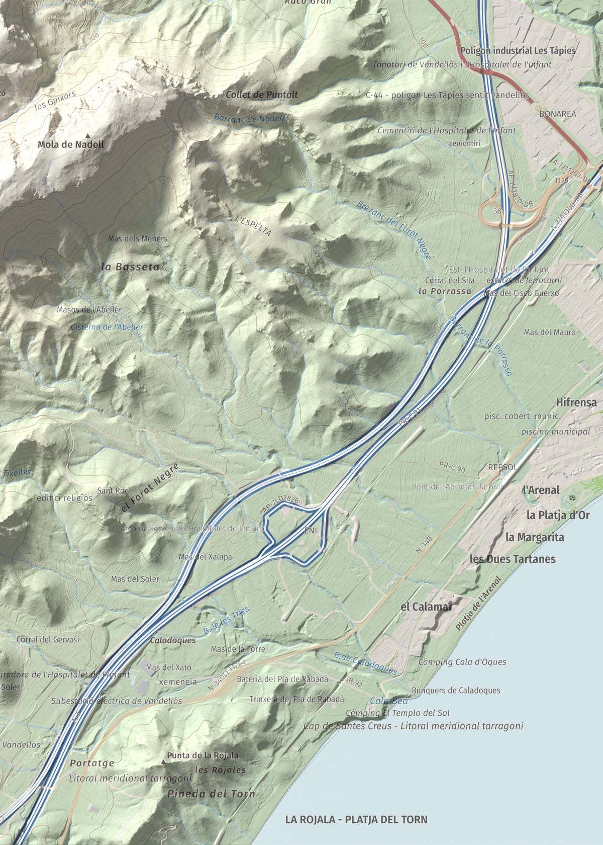 Mapa topográfico del relieve: Punta del Pallars, 551 m. Detalle de la zona inferior derecha. 50 × 70 cm.