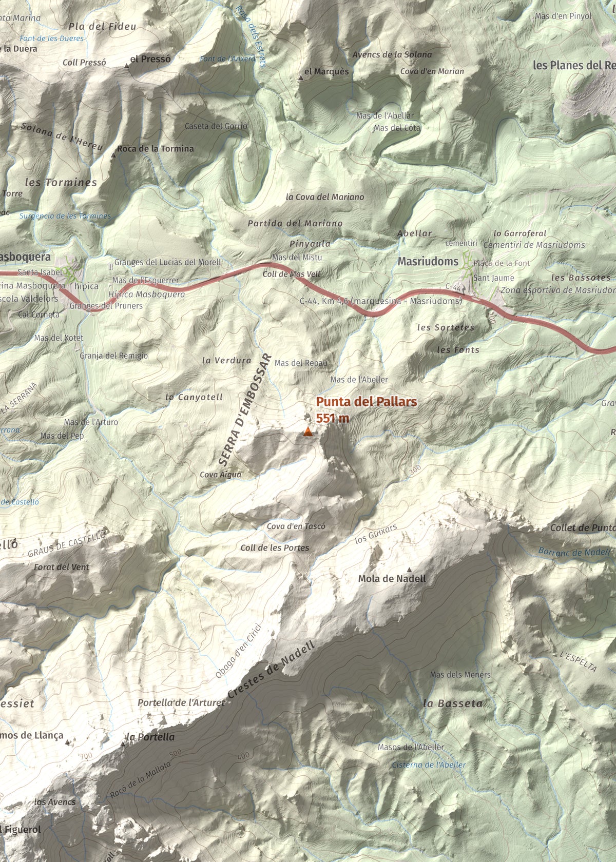 Mapa topográfico del relieve: Punta del Pallars, 551 m. Detalle de la zona central. 50 × 70 cm.