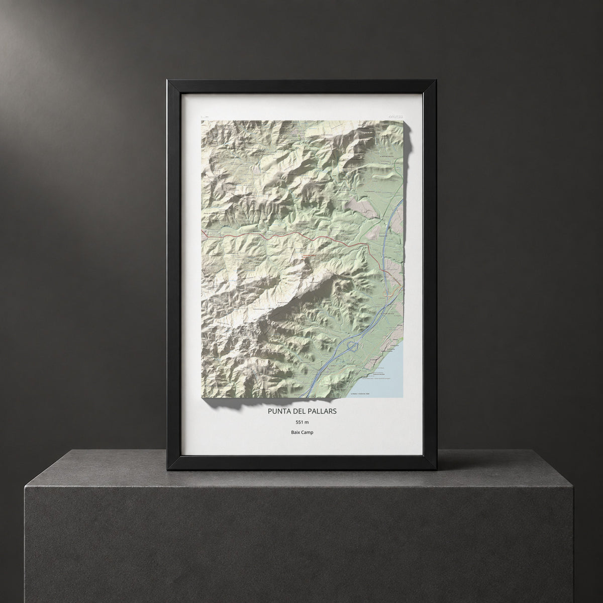 Mapa topográfico del relieve: Punta del Pallars, 551 m. Presentación enmarcada. 61 × 91 cm.