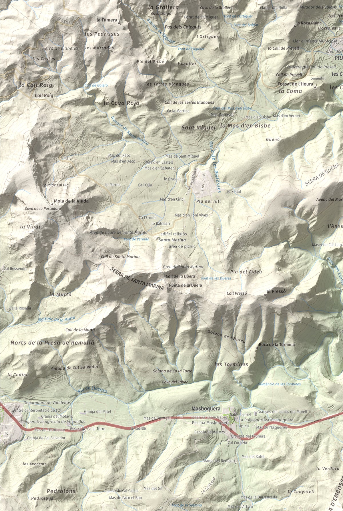 Mapa topográfico del relieve: Punta del Pallars, 551 m. Detalle de la zona superior izquierda. 61 × 91 cm.