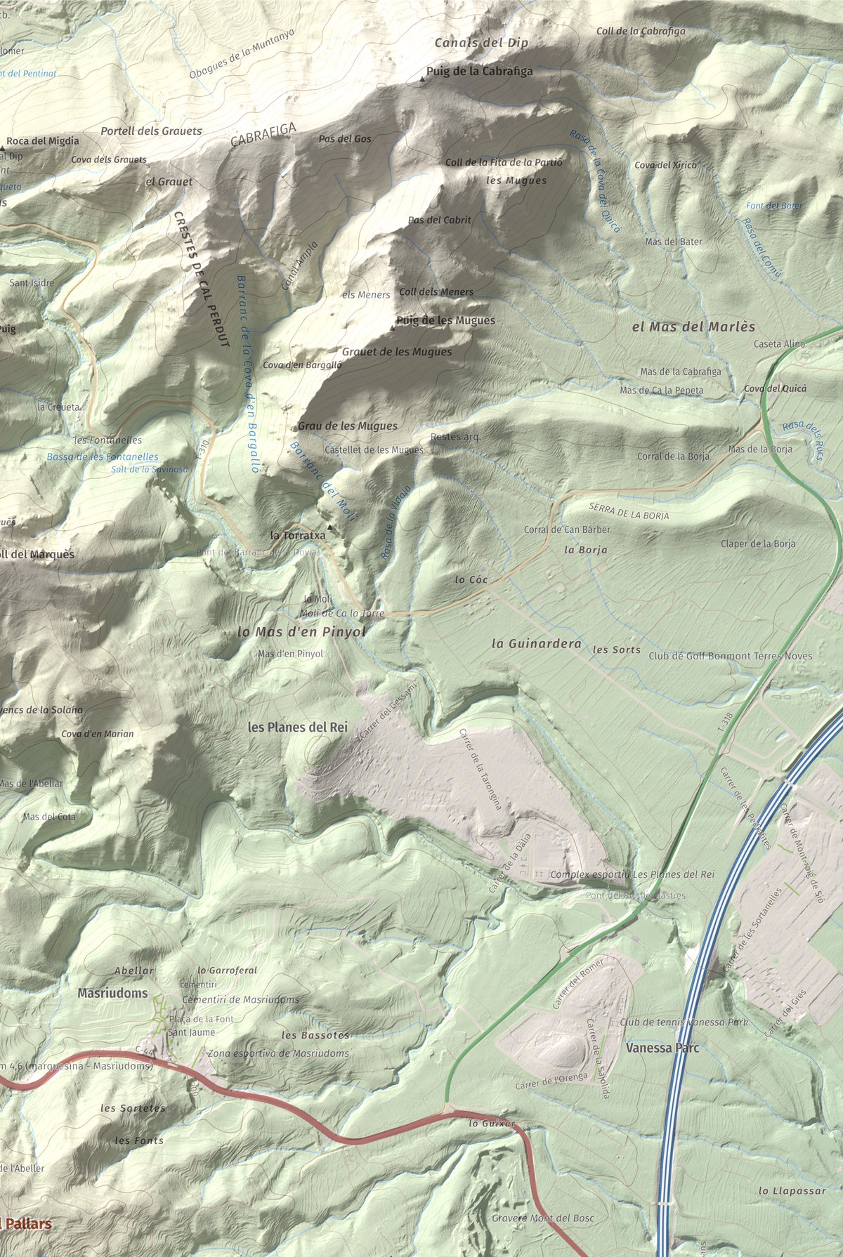 Mapa topográfico del relieve: Punta del Pallars, 551 m. Detalle de la zona superior derecha. 61 × 91 cm.