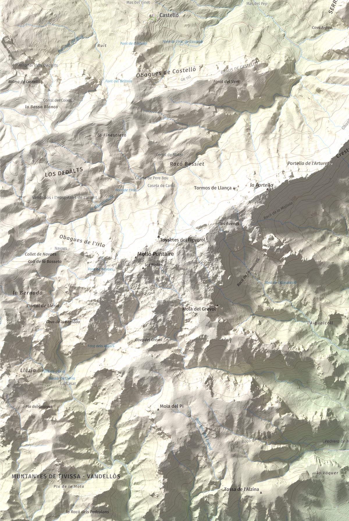 Mapa topográfico del relieve: Punta del Pallars, 551 m. Detalle de la zona inferior izquierda. 61 × 91 cm.