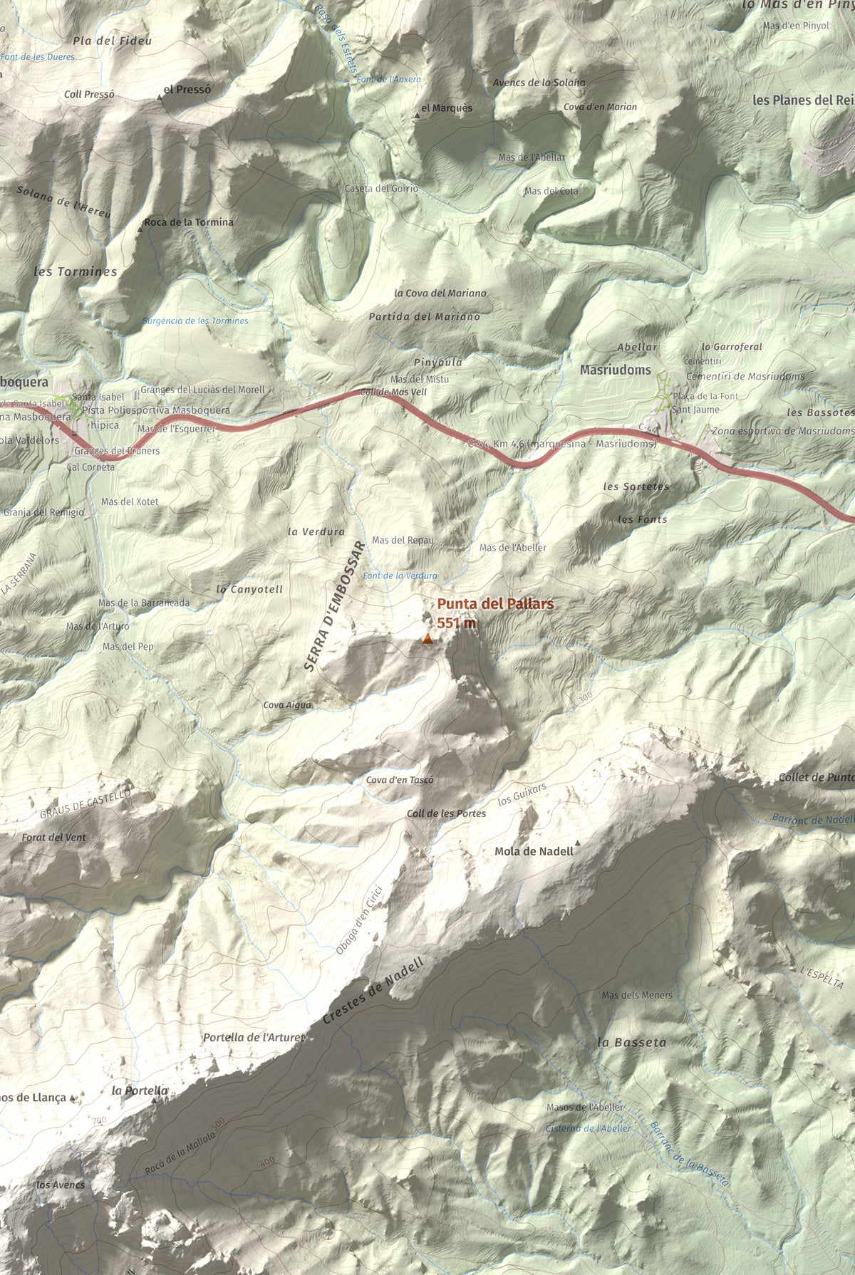 Mapa topográfico del relieve: Punta del Pallars, 551 m. Detalle de la zona central. 61 × 91 cm.