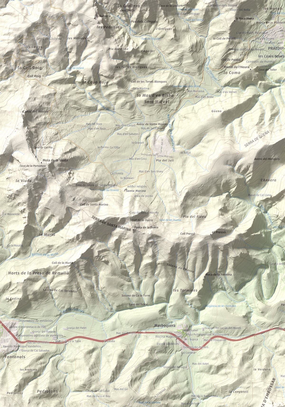 Mapa topográfico del relieve: Punta del Pallars, 551 m. Detalle de la zona superior izquierda. 70 × 100 cm.
