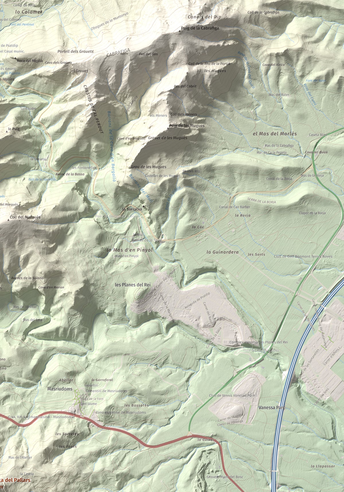 Mapa topográfico del relieve: Punta del Pallars, 551 m. Detalle de la zona superior derecha. 70 × 100 cm.