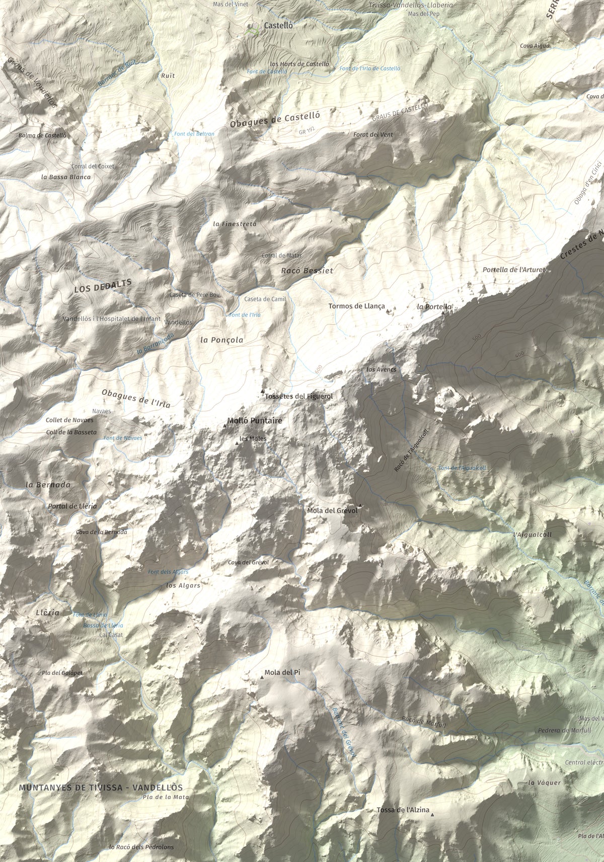Mapa topográfico del relieve: Punta del Pallars, 551 m. Detalle de la zona inferior izquierda. 70 × 100 cm.