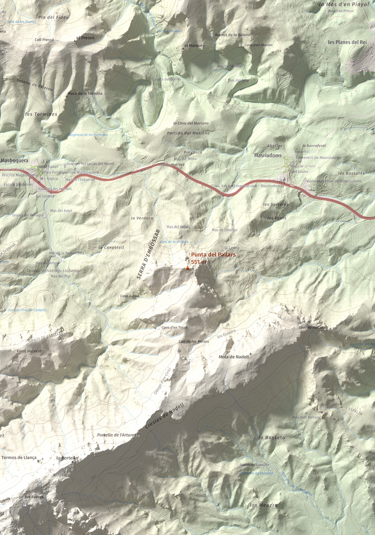 Mapa topográfico del relieve: Punta del Pallars, 551 m. Detalle de la zona central. 70 × 100 cm.