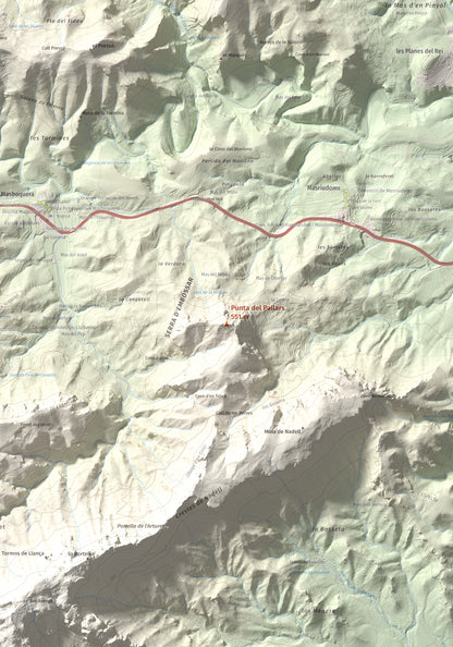 Mapa topográfico del relieve: Punta del Pallars, 551 m. Detalle de la zona central. 70 × 100 cm.
