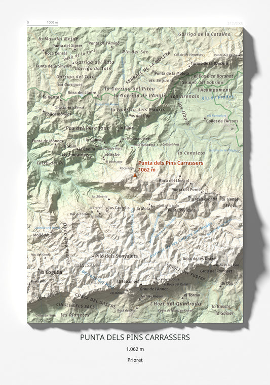 Mapa de relieve de Punta dels Pins Carrassers, 1062 m, Priorat, lámina 100 Cims de Trobart 21 × 30 cm.