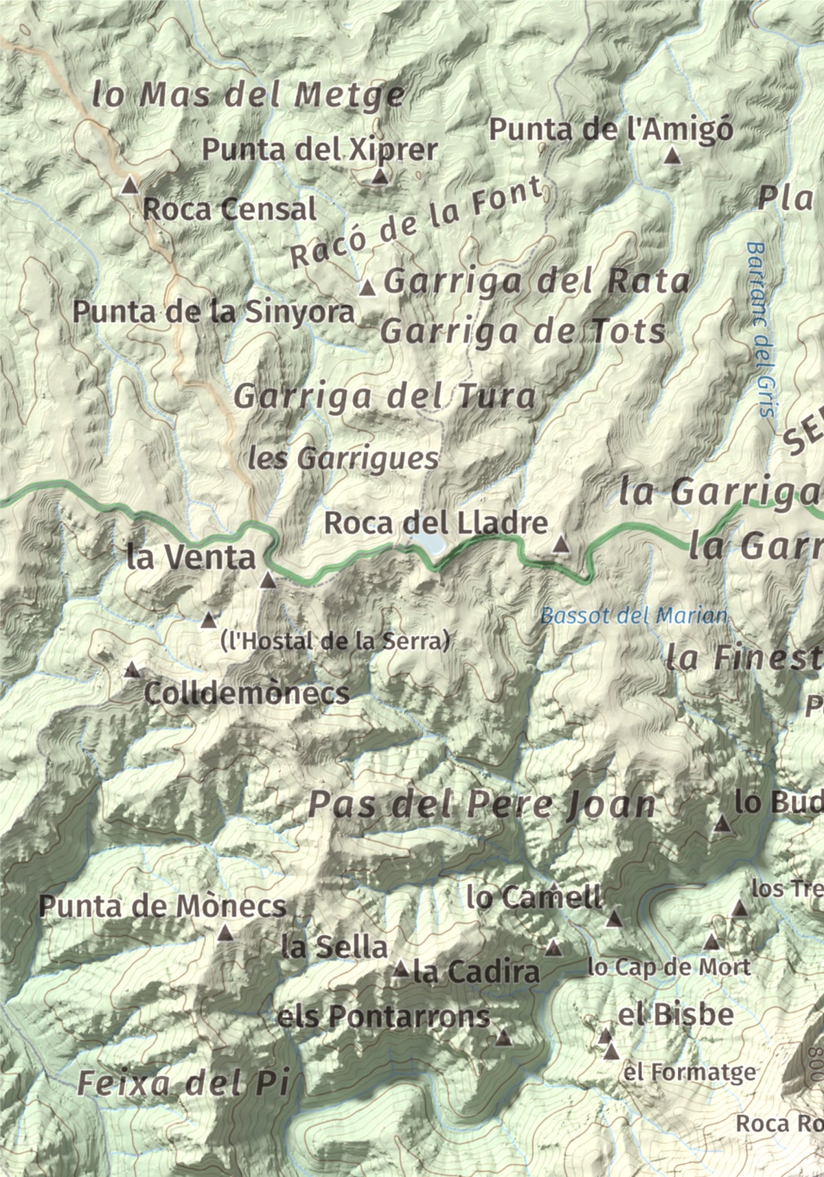 Mapa de relieve de Punta dels Pins Carrassers, 1062 m, Priorat, lámina 100 Cims de Trobart. Detalle de la zona superior izquierda. 21 × 30 cm.