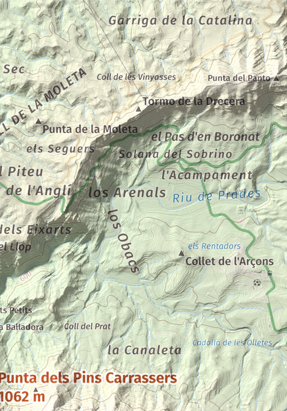 Mapa de relieve de Punta dels Pins Carrassers, 1062 m, Priorat, lámina 100 Cims de Trobart. Detalle de la zona superior derecha. 21 × 30 cm.