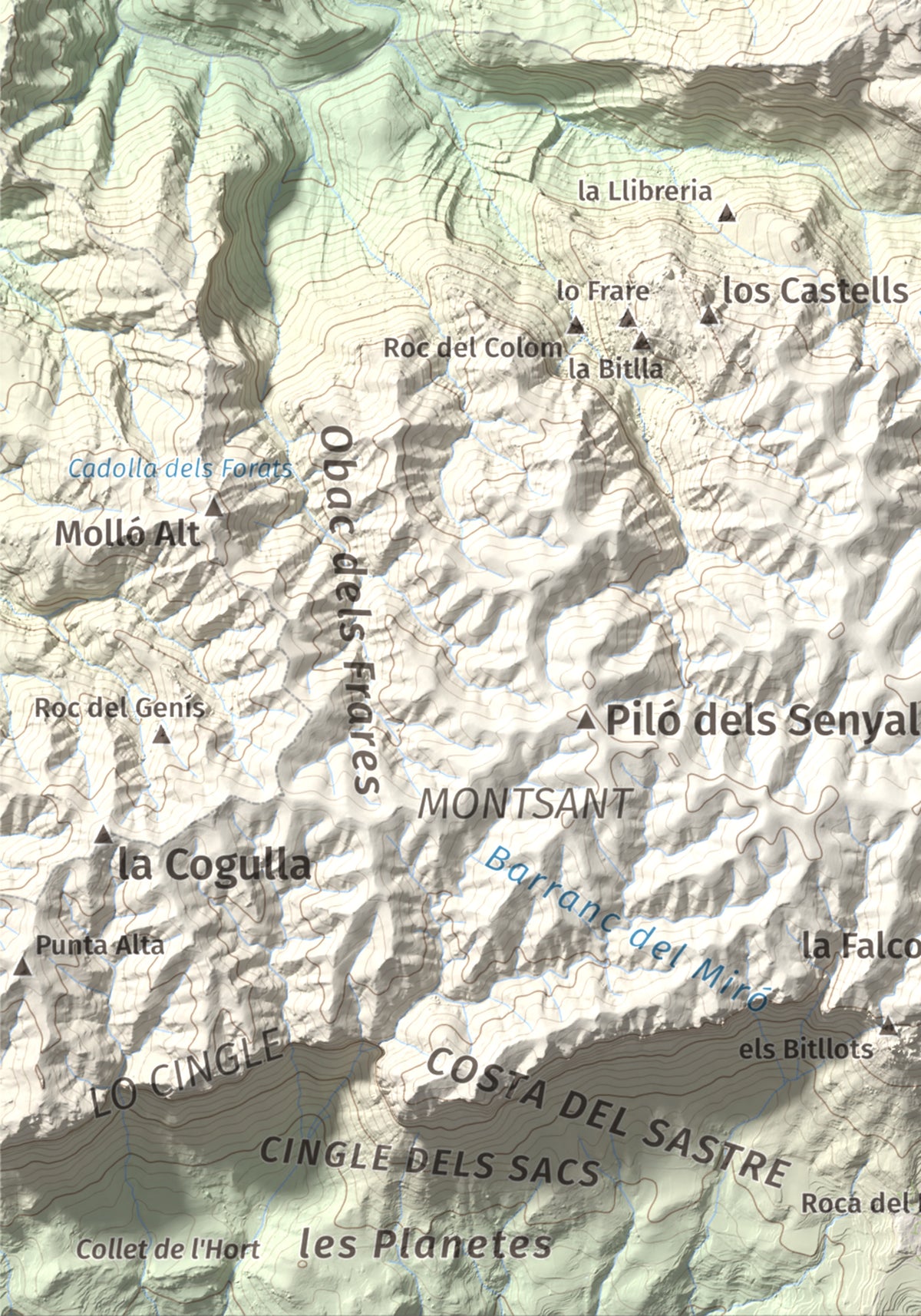 Mapa de relieve de Punta dels Pins Carrassers, 1062 m, Priorat, lámina 100 Cims de Trobart. Detalle de la zona inferior izquierda. 21 × 30 cm.