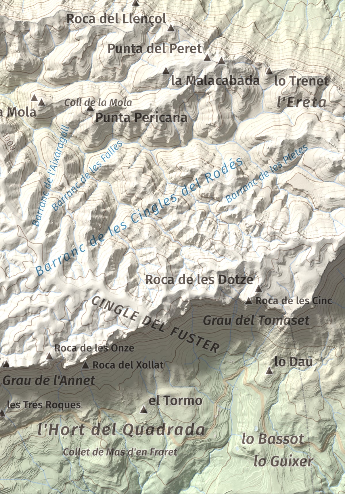 Mapa de relieve de Punta dels Pins Carrassers, 1062 m, Priorat, lámina 100 Cims de Trobart. Detalle de la zona inferior derecha. 21 × 30 cm.