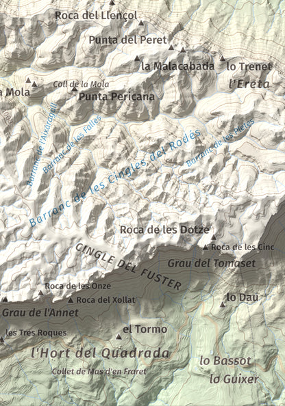 Mapa de relieve de Punta dels Pins Carrassers, 1062 m, Priorat, lámina 100 Cims de Trobart. Detalle de la zona inferior derecha. 21 × 30 cm.