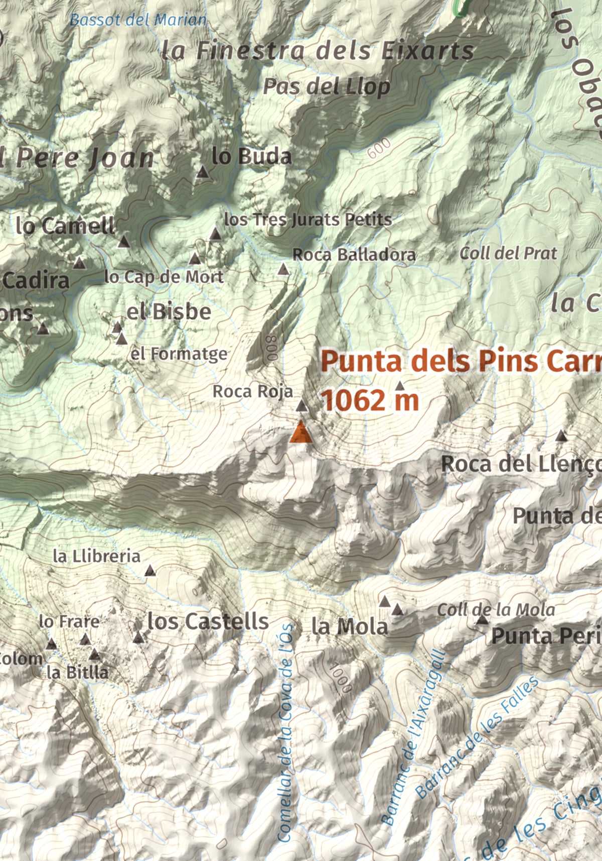 Mapa de relieve de Punta dels Pins Carrassers, 1062 m, Priorat, lámina 100 Cims de Trobart. Detalle de la zona central. 21 × 30 cm.