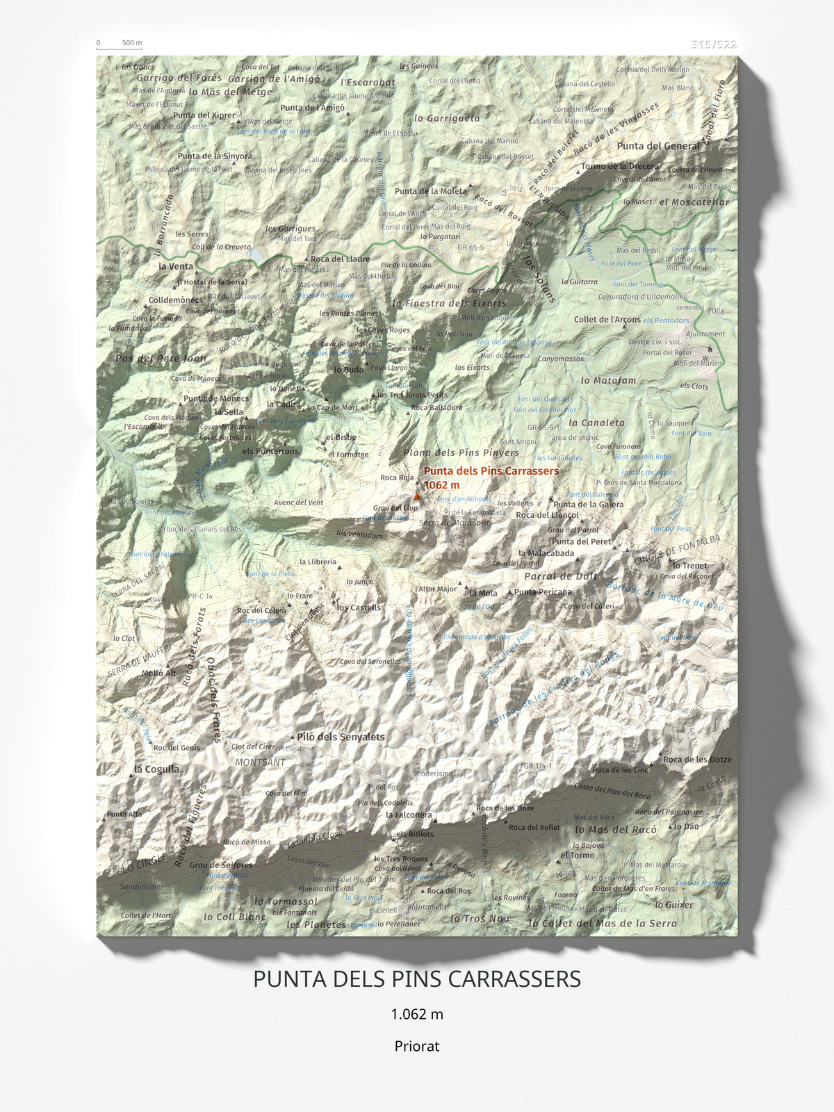 Mapa de relieve de Punta dels Pins Carrassers, 1062 m, Priorat, lámina 100 Cims de Trobart 30 × 40 cm.