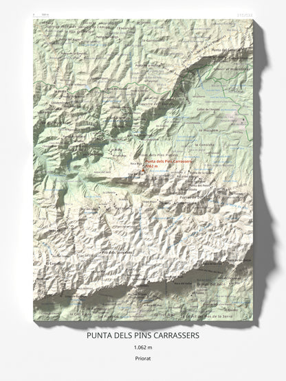 Mapa de relieve de Punta dels Pins Carrassers, 1062 m, Priorat, lámina 100 Cims de Trobart 30 × 40 cm.