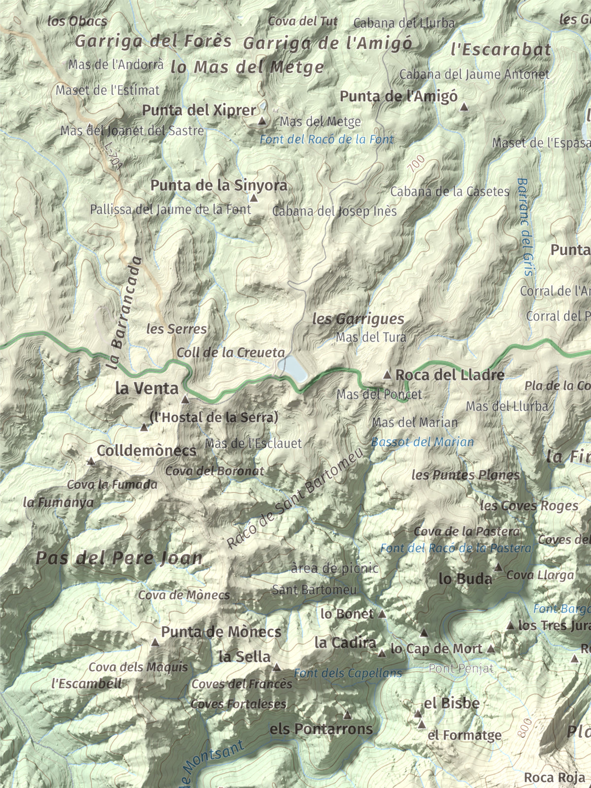 Mapa de relieve de Punta dels Pins Carrassers, 1062 m, Priorat, lámina 100 Cims de Trobart. Detalle de la zona superior izquierda. 30 × 40 cm.