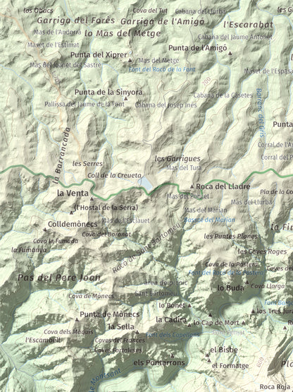 Mapa de relieve de Punta dels Pins Carrassers, 1062 m, Priorat, lámina 100 Cims de Trobart. Detalle de la zona superior izquierda. 30 × 40 cm.