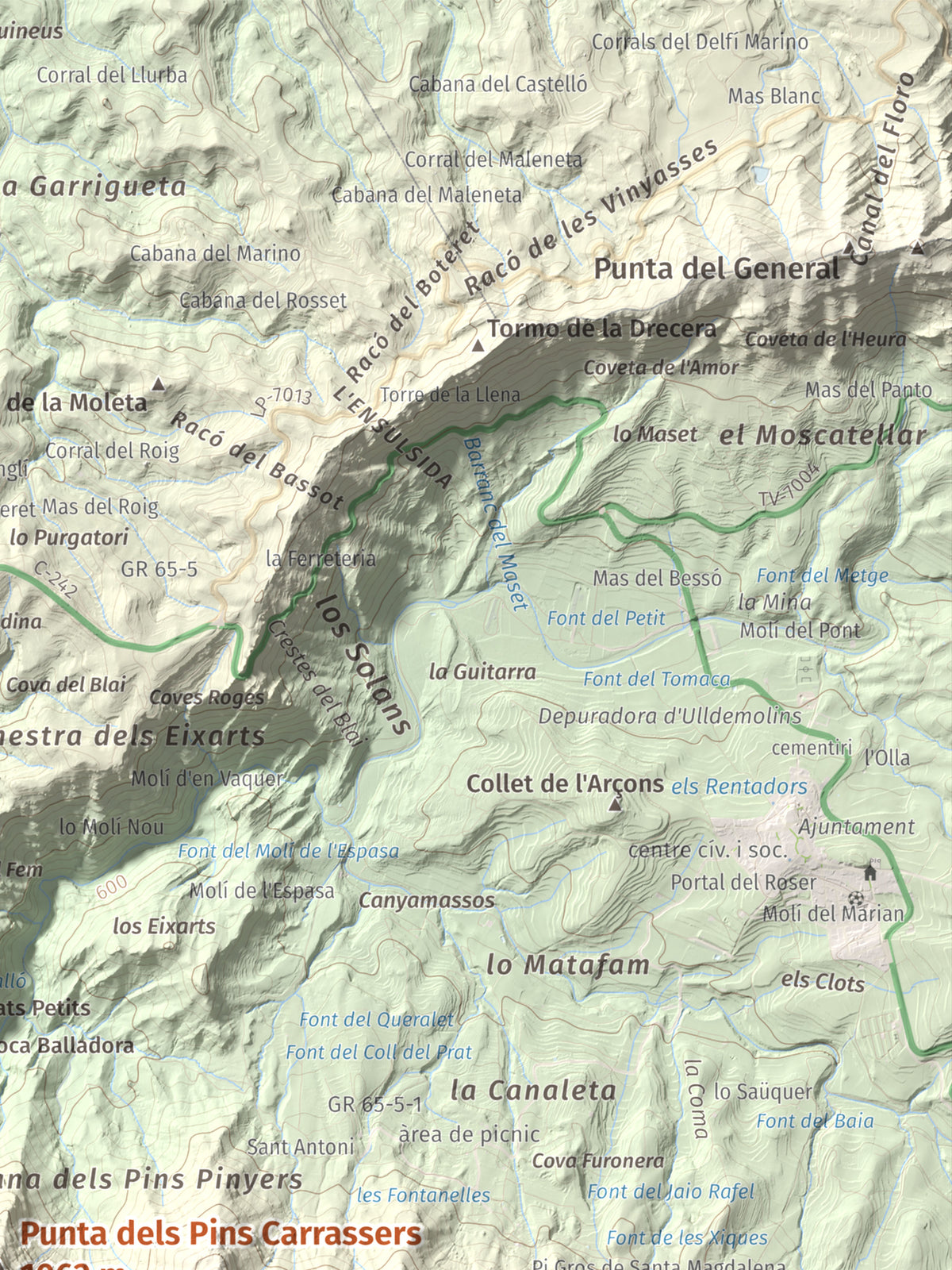 Mapa de relieve de Punta dels Pins Carrassers, 1062 m, Priorat, lámina 100 Cims de Trobart. Detalle de la zona superior derecha. 30 × 40 cm.
