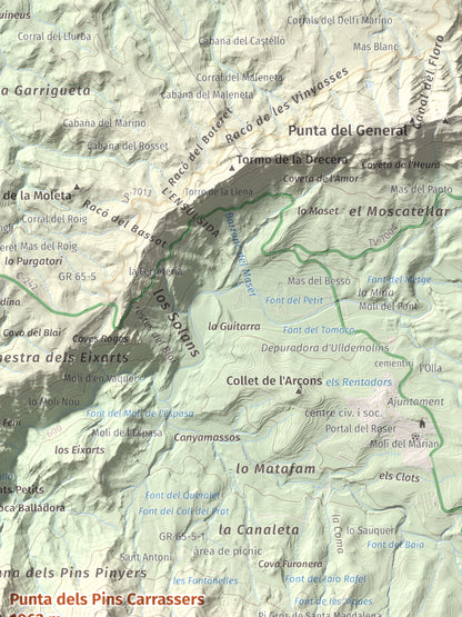 Mapa de relieve de Punta dels Pins Carrassers, 1062 m, Priorat, lámina 100 Cims de Trobart. Detalle de la zona superior derecha. 30 × 40 cm.