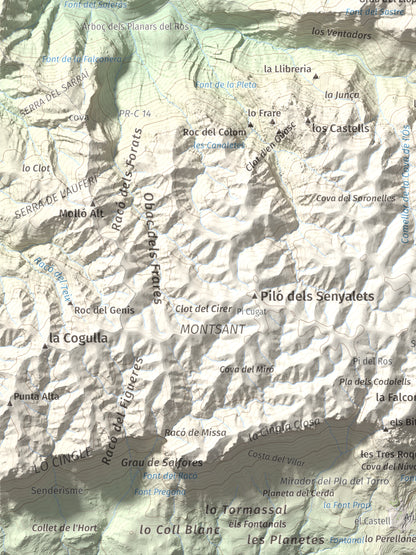 Mapa de relieve de Punta dels Pins Carrassers, 1062 m, Priorat, lámina 100 Cims de Trobart. Detalle de la zona inferior izquierda. 30 × 40 cm.