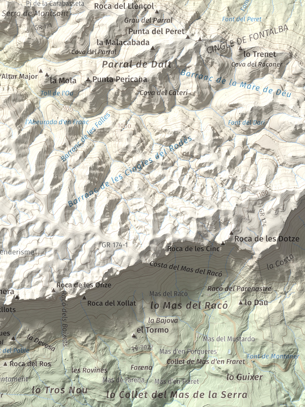 Mapa de relieve de Punta dels Pins Carrassers, 1062 m, Priorat, lámina 100 Cims de Trobart. Detalle de la zona inferior derecha. 30 × 40 cm.