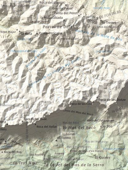 Mapa de relieve de Punta dels Pins Carrassers, 1062 m, Priorat, lámina 100 Cims de Trobart. Detalle de la zona inferior derecha. 30 × 40 cm.