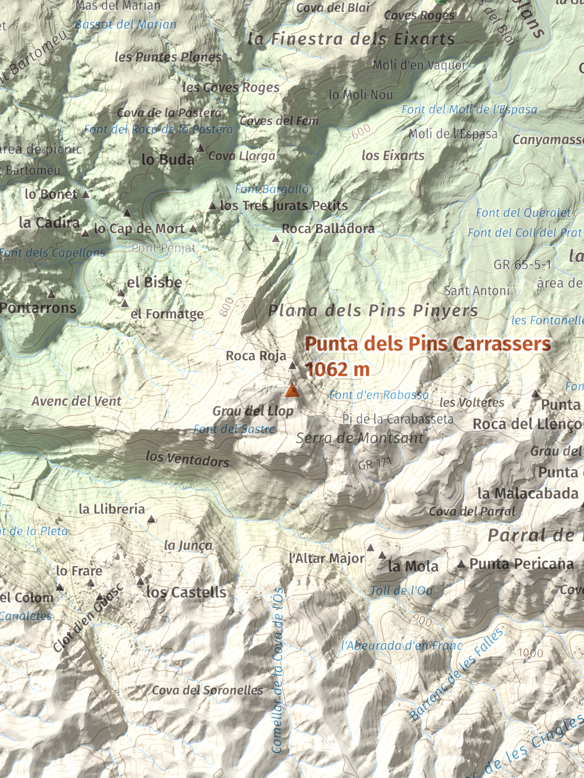 Mapa de relieve de Punta dels Pins Carrassers, 1062 m, Priorat, lámina 100 Cims de Trobart. Detalle de la zona central. 30 × 40 cm.