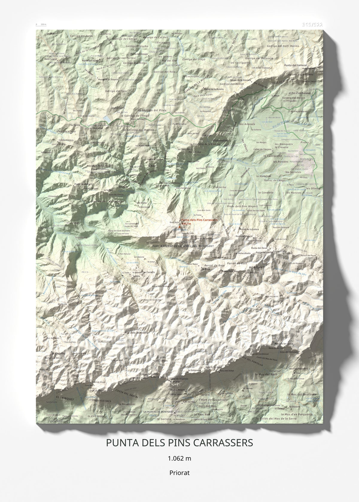 Mapa de relieve de Punta dels Pins Carrassers, 1062 m, Priorat, lámina 100 Cims de Trobart 50 × 70 cm.
